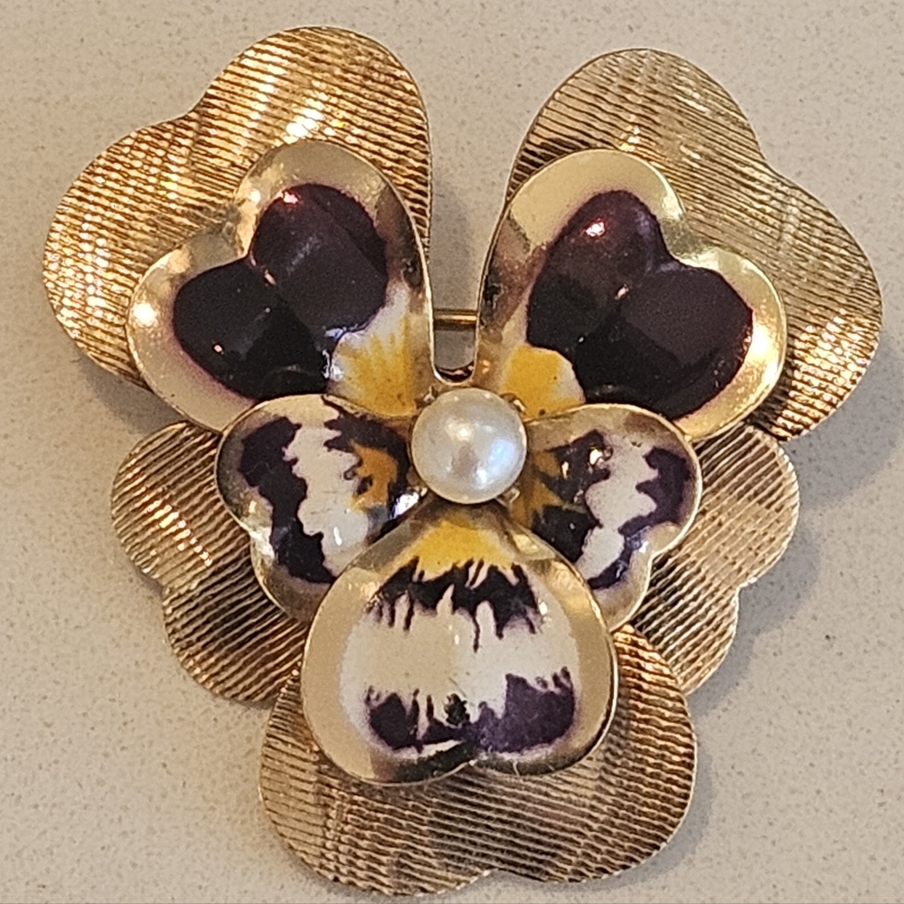 Antique Carl Art 12k Yellow Gold Filled Enamel Flower Brooch Pin